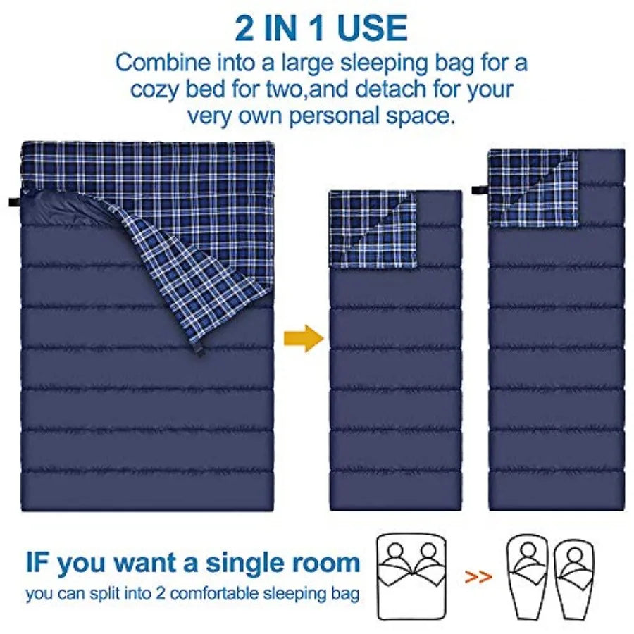 Cotton Flannel Double Sleeping Bag for Camping Backpacking or Hiking: Queen Size 2Person Waterproof Sleeping Bag for Adults or