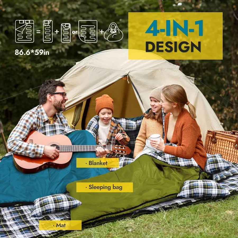 Double Sleeping Bag Flannel for Adults Cold Weather Queen Size Two Person Sleeping Bags for Camping with 2 Pillows Ideal for Ou