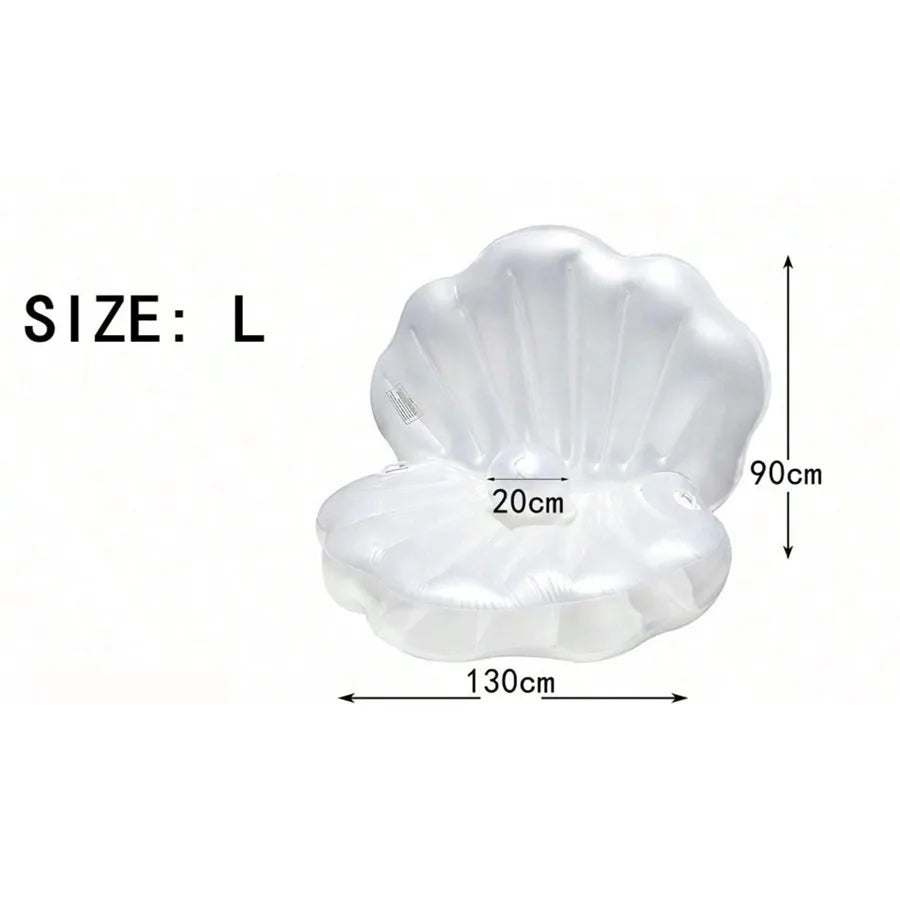 Inflatable Shell Shaped White PVC Seashell Pool Float, Blow Up Giant Clam Floatie with Pearl Ball, Shell Pool Floating Ride On