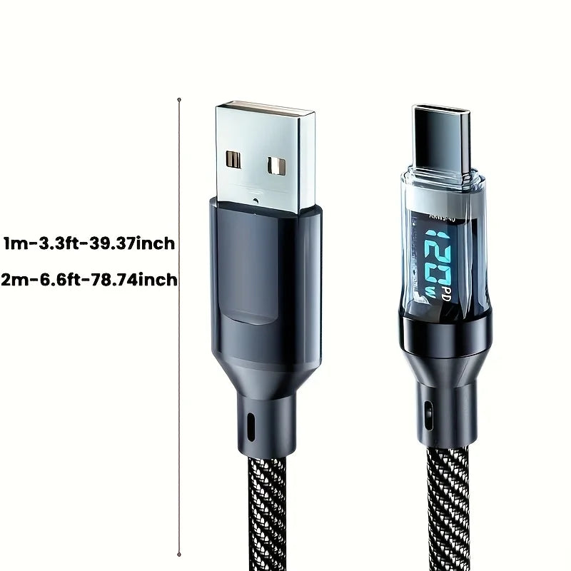 120W Super Fast Charging Cable Real-time Digital Display USB A to Type C data Cable For iPhone Android Phones Universal