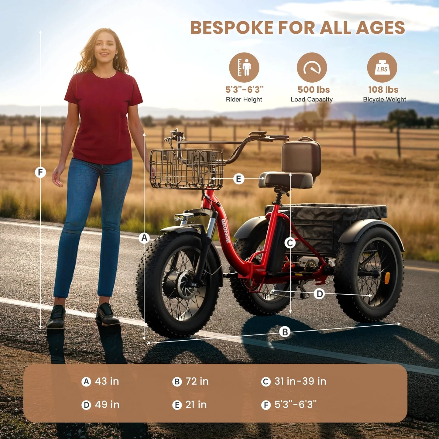 QRONGE Electric Bike for Adults 960W Peak 36V 13.5AH Battery Folding Electric Tricycle 50 Miles Range Fat Tire Electric Trike