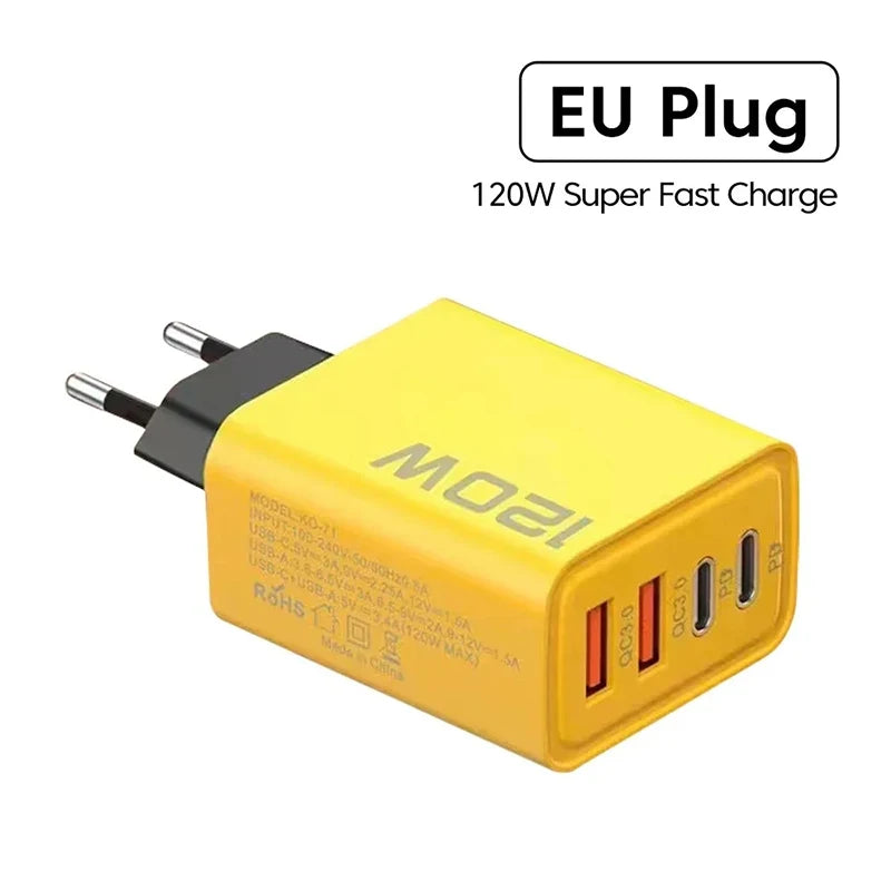 120W Fast Charging 4 Port Mobile Phone Charger QC3.0 USB Type C Charger Dual PD Travel Wall Adapter EU/US Plug For IPhone Xiaomi
