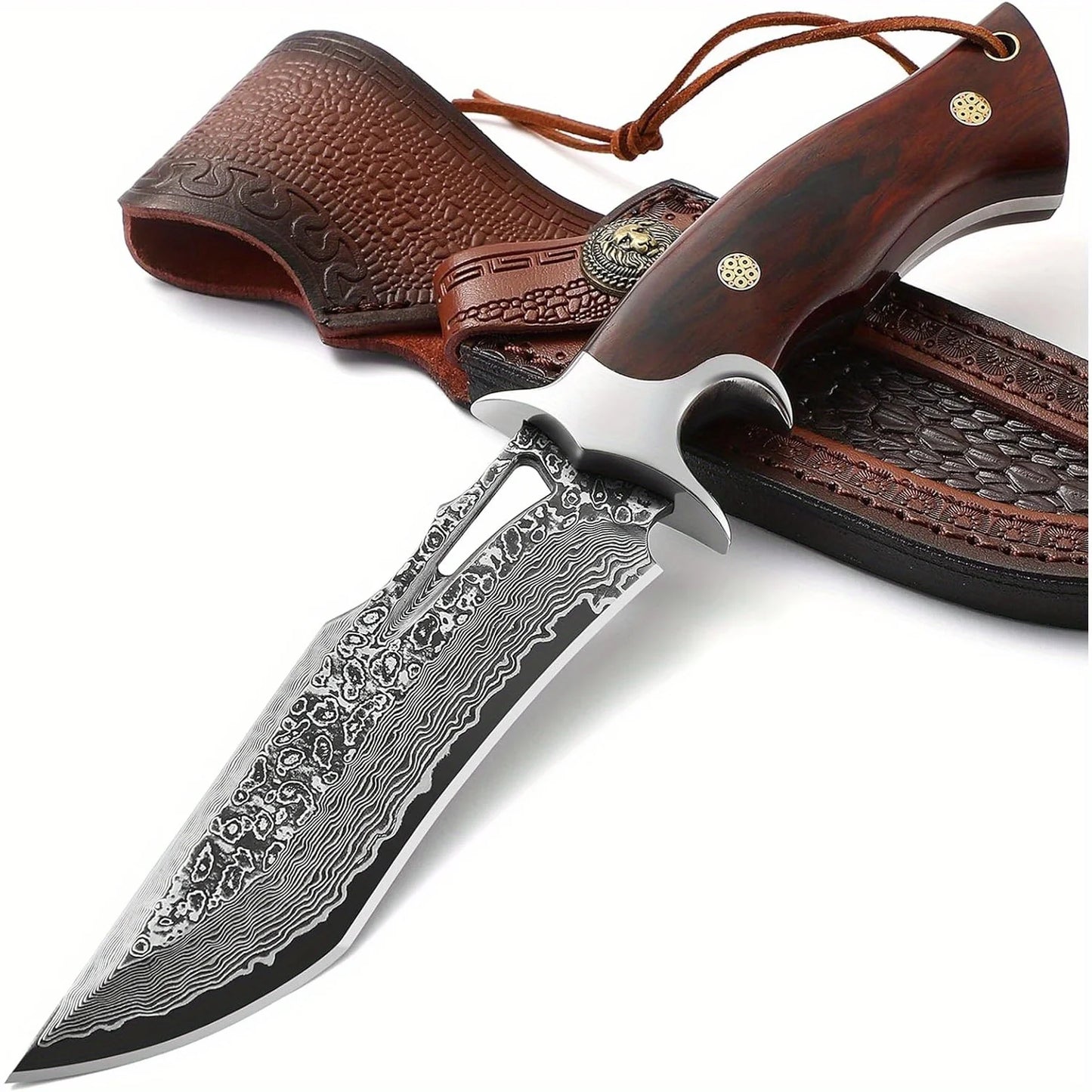 1 Piece Damascus Steel Outdoor Knife with Fixed Blade, Manual Scabbard and Gorgeous Design - Great for Camping, Survival and Rescue - Great for Valentine's Day or Zhaiyue, Rescue Tools | Gorgeous Handle Knife | Camping and Su