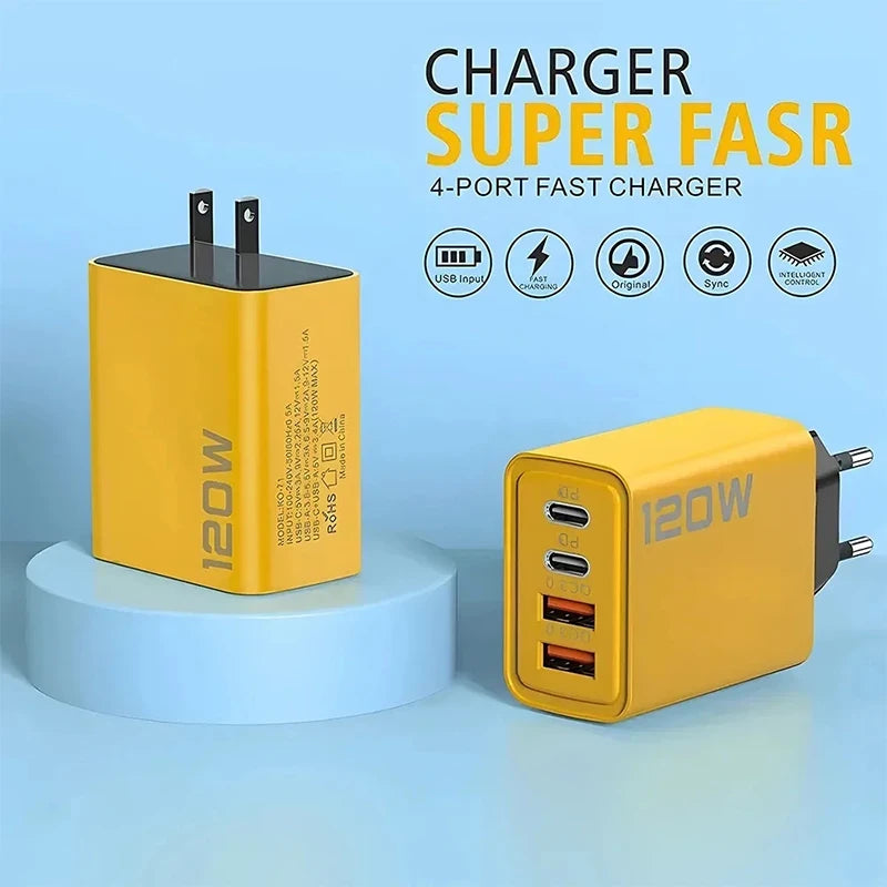 120W Fast Charging 4 Port Mobile Phone Charger QC3.0 USB Type C Charger Dual PD Travel Wall Adapter EU/US Plug For IPhone Xiaomi