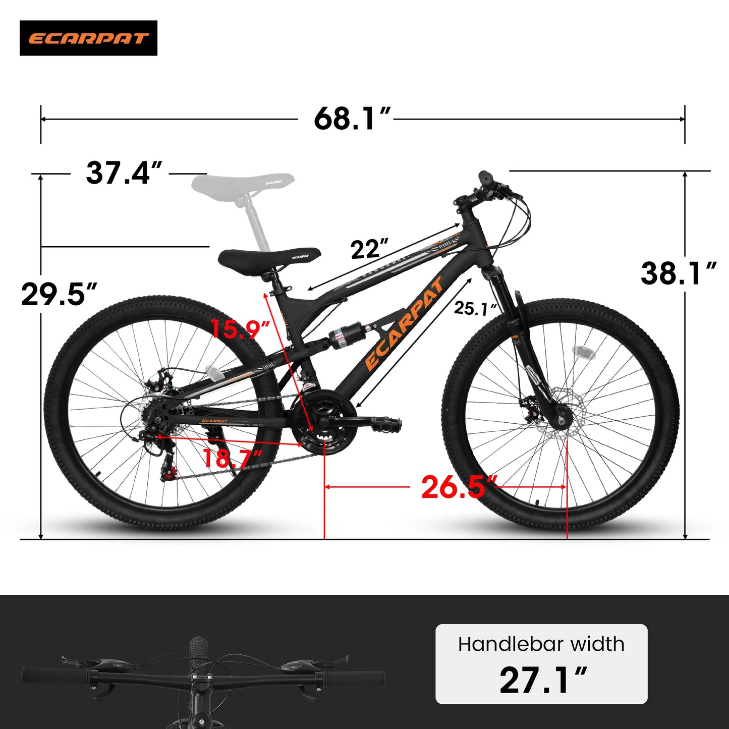 Ecarpat Mountain Bike 26 Inch Wheel, Dual Full Suspension 21-Speed Disc Brakes Thumb Shifter, Carbon Steel Frame Mountain Bike