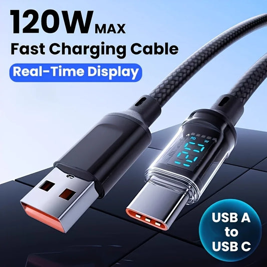 120W Super Fast Charging Cable Real-time Digital Display USB A to Type C data Cable For iPhone Android Phones Universal