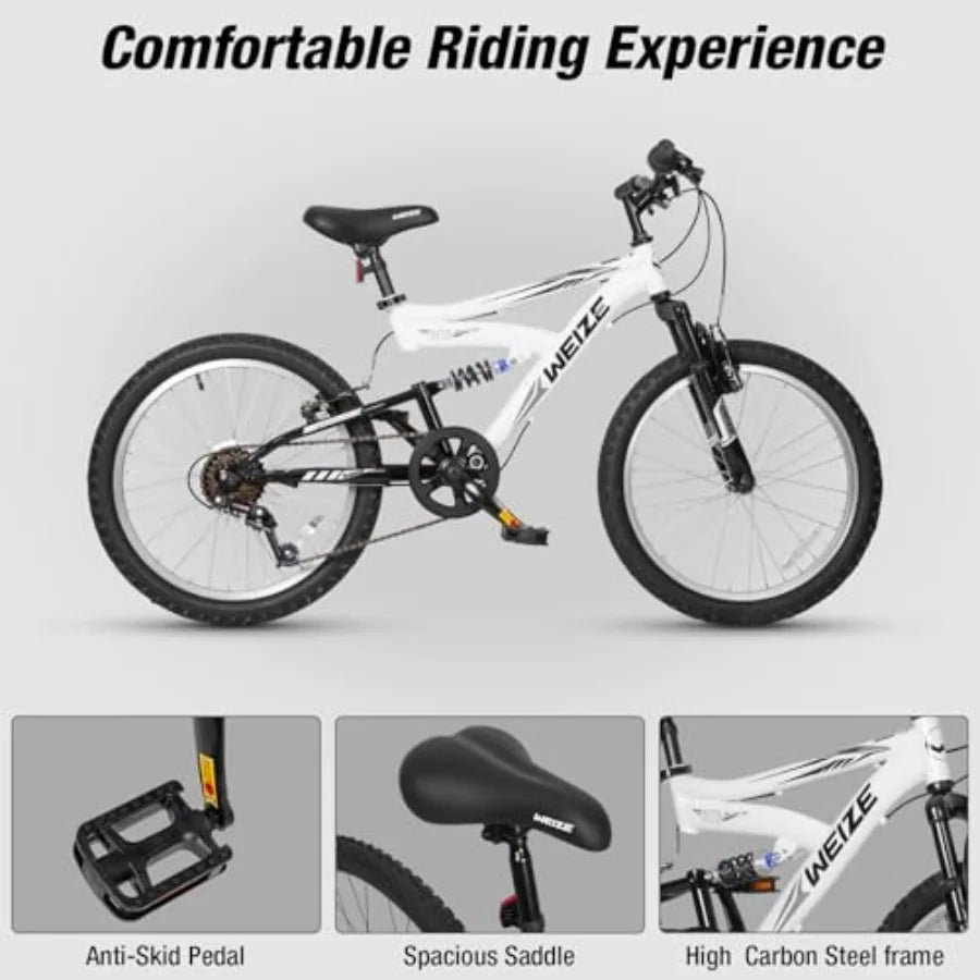 Mountain Bike 20 24 inch ' Bicycles for 6-14 Years Old Boys Girls with Dual Full Suspension 6 Speeds Drivetrain High-Carbon Ste