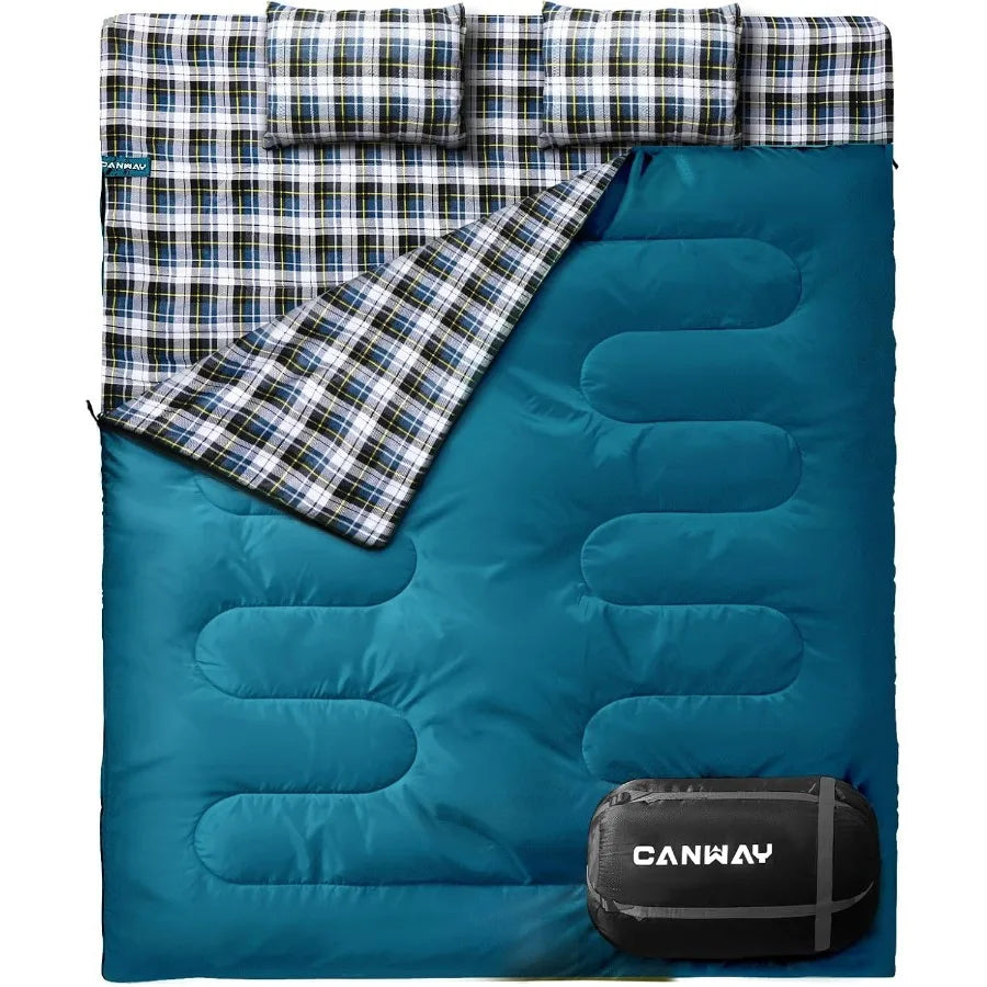 Double Sleeping Bag Flannel for Adults Cold Weather Queen Size Two Person Sleeping Bags for Camping with 2 Pillows Ideal for Ou