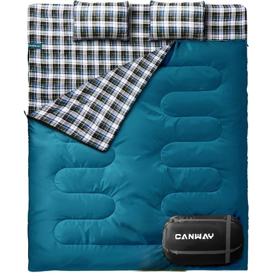 Double Sleeping Bag Flannel for Adults Cold Weather Queen Size Two Person Sleeping Bags for Camping with 2 Pillows Ideal for Ou