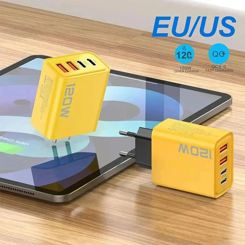 120W Fast Charging 4 Port Mobile Phone Charger QC3.0 USB Type C Charger Dual PD Travel Wall Adapter EU/US Plug For IPhone Xiaomi