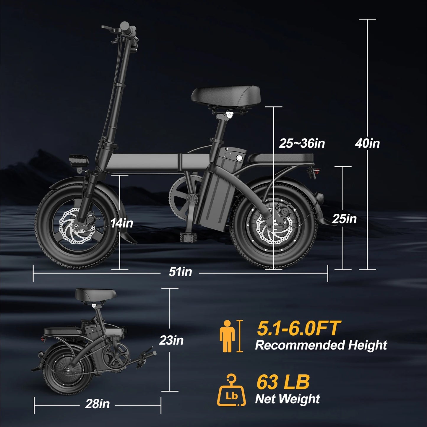 Foldable Electric Bike for Adults,14" Commuter E-Bike,750W Peak,Electric Bicycle,48V10Ah Battery,30Miles Range + 1 Year Warranty