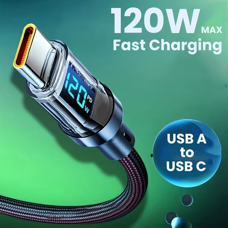 120W Super Fast Charging Cable Real-time Digital Display USB A to Type C data Cable For iPhone Android Phones Universal