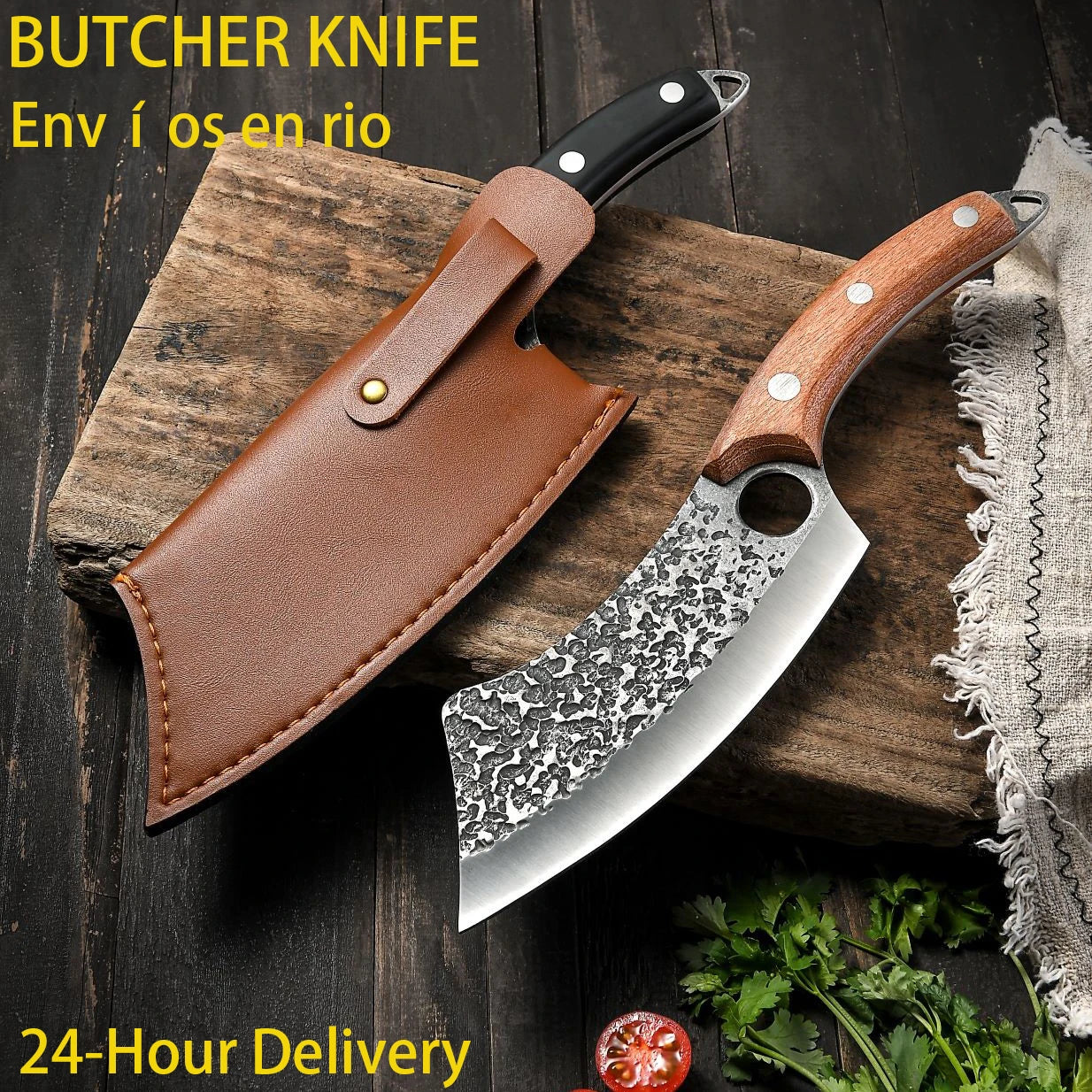 Chef Knife Forged Stainless Steel Butcher Kitchen Meat Boning Cleaver Machete Cut Rosewood Black Colour Wood Handle Finger Ring