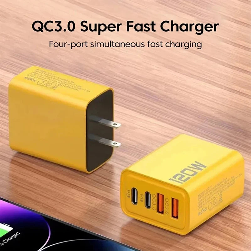 120W Fast Charging 4 Port Mobile Phone Charger QC3.0 USB Type C Charger Dual PD Travel Wall Adapter EU/US Plug For IPhone Xiaomi
