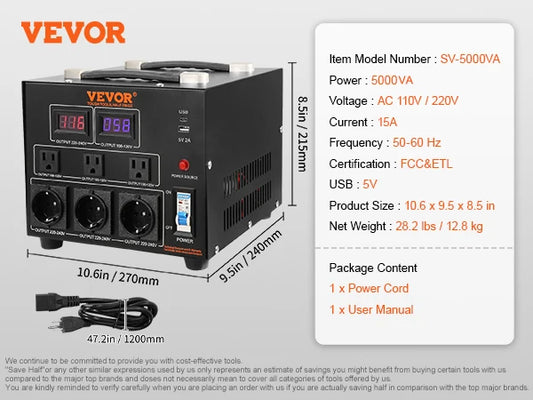 SucceBuy Voltage Converter Transformer 2000VA/3000VA/5000VA Heavy Duty Step Up/Down Transformer with US&EU Outlet 5V USB Port