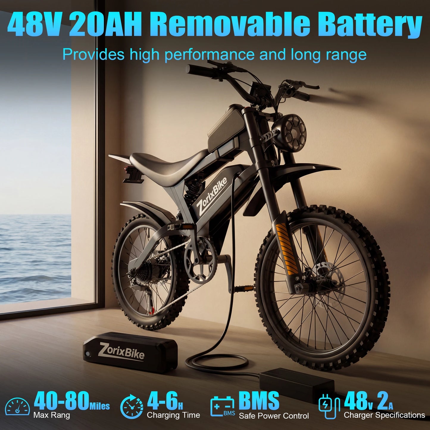 ZorixBike R8 Pro Electric Off-Road Bike 20x4.0 3000W 35Mph 80Mile 48V 20Ah,7 Speed Wide Tire All Terrain E-Bike For Adult