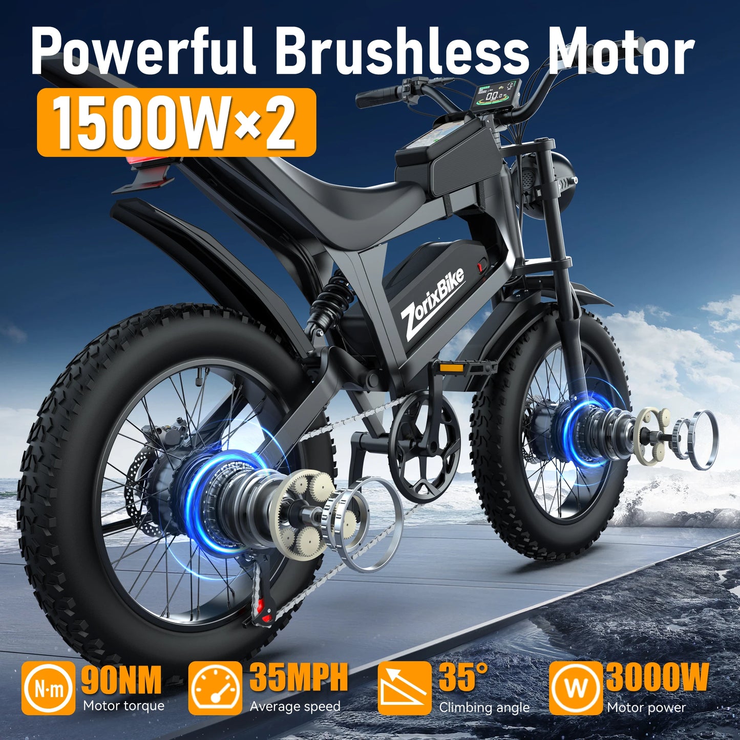ZorixBike R8 Pro Electric Off-Road Bike 20x4.0 3000W 35Mph 80Mile 48V 20Ah,7 Speed Wide Tire All Terrain E-Bike For Adult