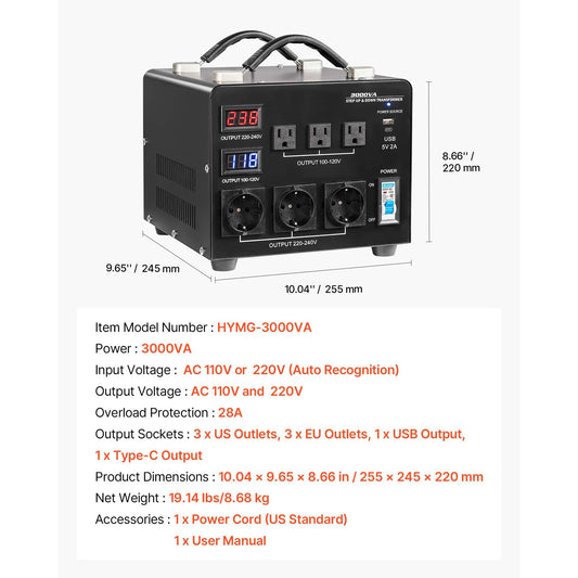 SucceBuy Voltage Converter Transformer 500/1000/1500/3000/5000/6000 VA with US / EU Outlet Power Cord Circuit Breaker Protection