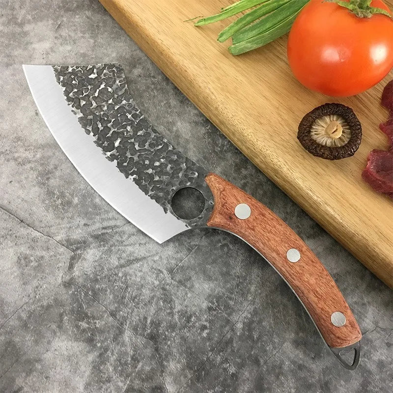 Chef Knife Forged Stainless Steel Butcher Kitchen Meat Boning Cleaver Machete Cut Rosewood Black Colour Wood Handle Finger Ring