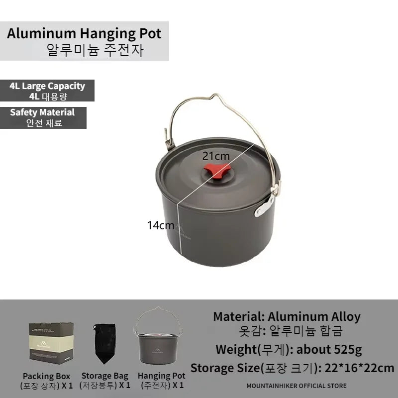 MOUNTAINHIKER 4L Camping Hanging Pot Cookware Outdoor Tableware 4-6 Persons Picnic BBQ Cooking Tourism Fishing kitchen Equipment