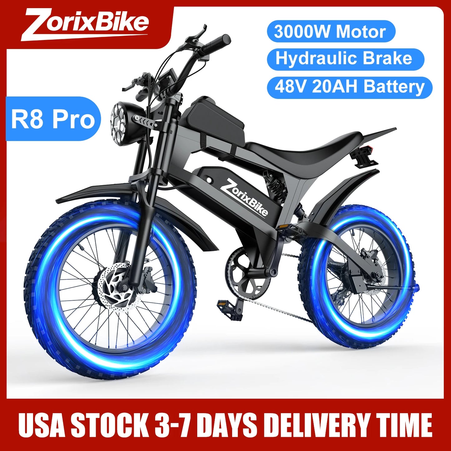 ZorixBike R8 Pro Electric Off-Road Bike 20x4.0 3000W 35Mph 80Mile 48V 20Ah,7 Speed Wide Tire All Terrain E-Bike For Adult
