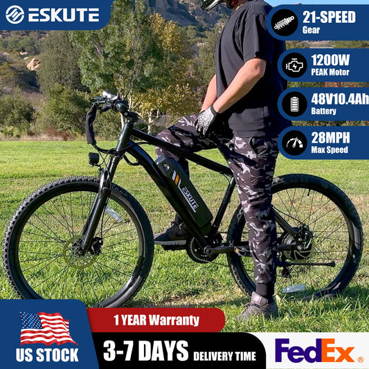 ESKUTE Electric Bicycle  for Adults – 21-Speed Gear 27.5" Mountain electric Bike, 1200W Peak, 28MPH, 48V 10.4Ah Battery  E-Bike