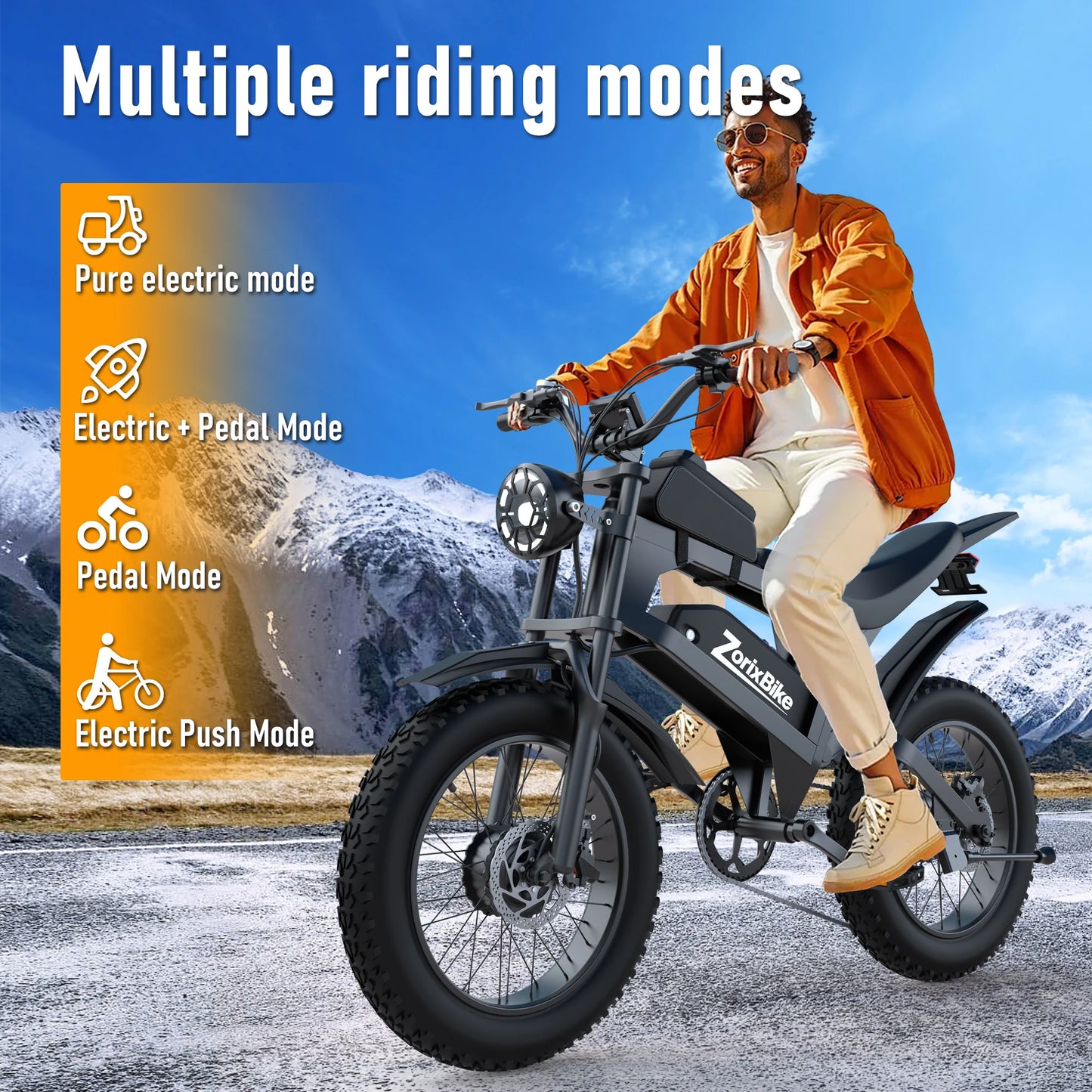 ZorixBike R8 Pro Electric Off-Road Bike 20x4.0 3000W 35Mph 80Mile 48V 20Ah,7 Speed Wide Tire All Terrain E-Bike For Adult
