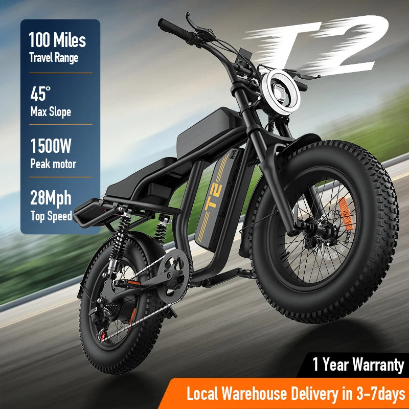 1500W Peak Electric Mountain Bike 48V 15.6Ah Removable Battery 28MPH 100 Mile Range 20X4" Fat Tire E-Bike Free Shipping Hot Sale