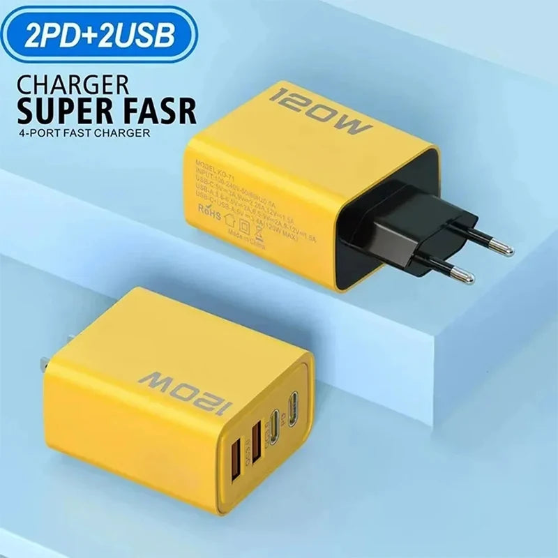 120W Fast Charging 4 Port Mobile Phone Charger QC3.0 USB Type C Charger Dual PD Travel Wall Adapter EU/US Plug For IPhone Xiaomi