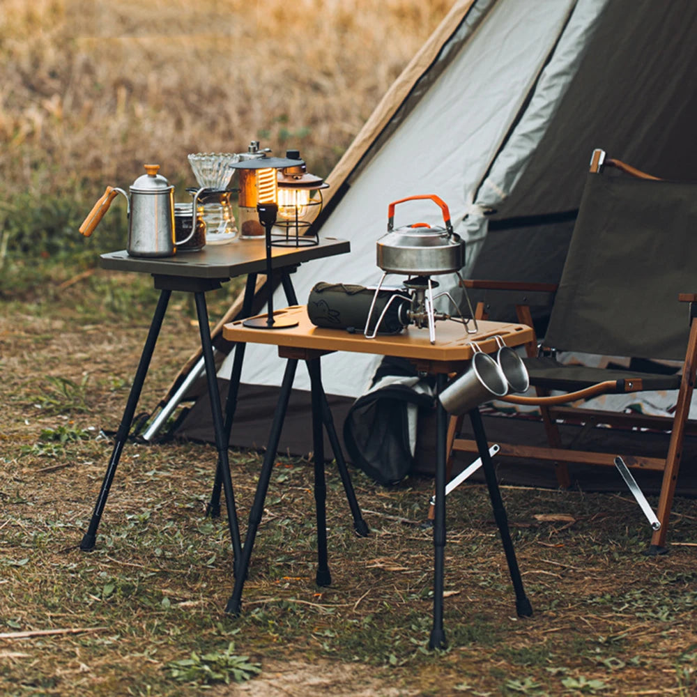 Folding Camping Table with Carry Bag, Height Adjustable Lightweight Desk, Two-Sides Hanging Cookware Table for Hiking, Picnic