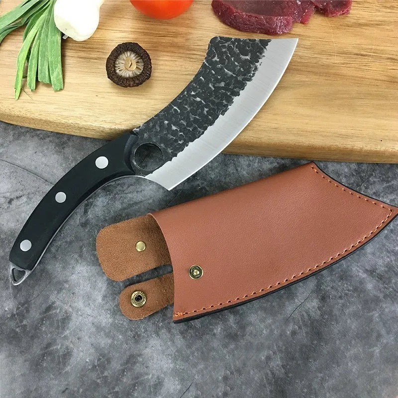 Chef Knife Forged Stainless Steel Butcher Kitchen Meat Boning Cleaver Machete Cut Rosewood Black Colour Wood Handle Finger Ring