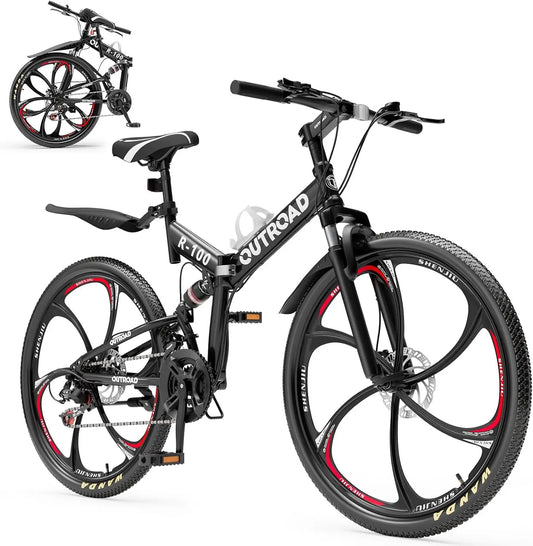 26 inch Folding Mountain Bike, Carbon Steel Frame and 21 Speed, Double Disc Brake and Dual Suspension Folding Bike