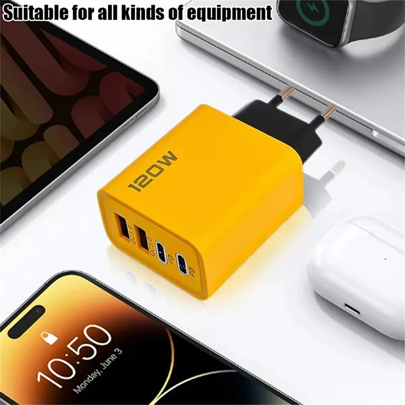 120W Fast Charging 4 Port Mobile Phone Charger QC3.0 USB Type C Charger Dual PD Travel Wall Adapter EU/US Plug For IPhone Xiaomi