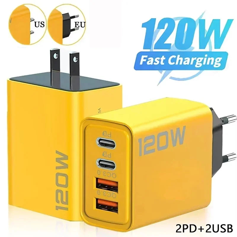 120W Fast Charging 4 Port Mobile Phone Charger QC3.0 USB Type C Charger Dual PD Travel Wall Adapter EU/US Plug For IPhone Xiaomi