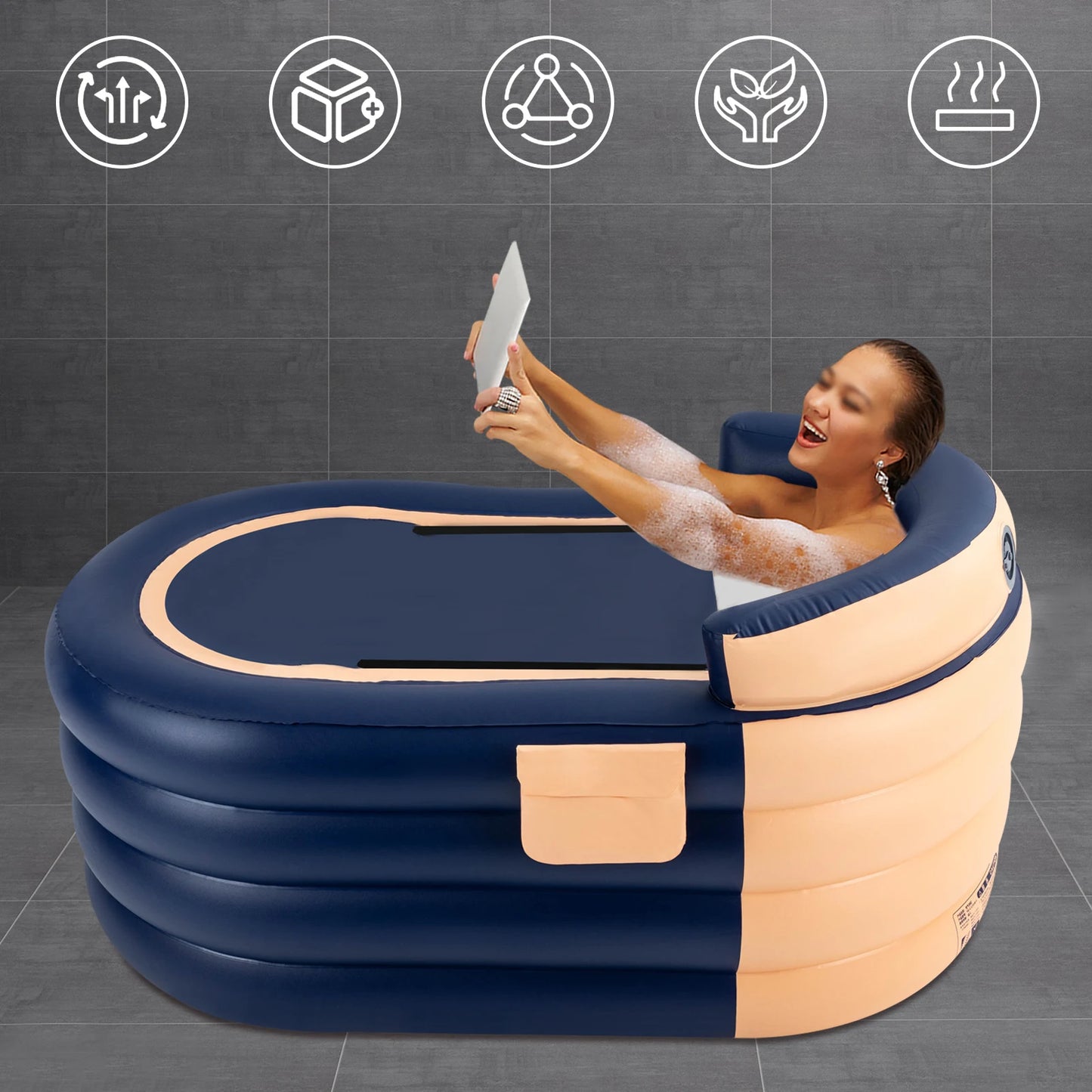 Inflatable Swimming Pool, 33.07x55.11x29.13in, PVC, 220 lbs Capacity, Wireless Rechargeable Pump, Ergonomic Backrest
