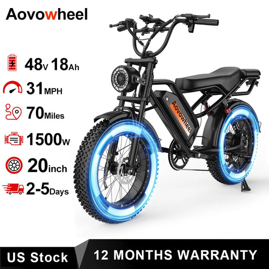 Electric Bike for Adults 20" Fat Tire Electric Dirt Bike 48V 18Ah Battery 70 Miles Max Range 1500 Peak Motor 31MPH Top Speed