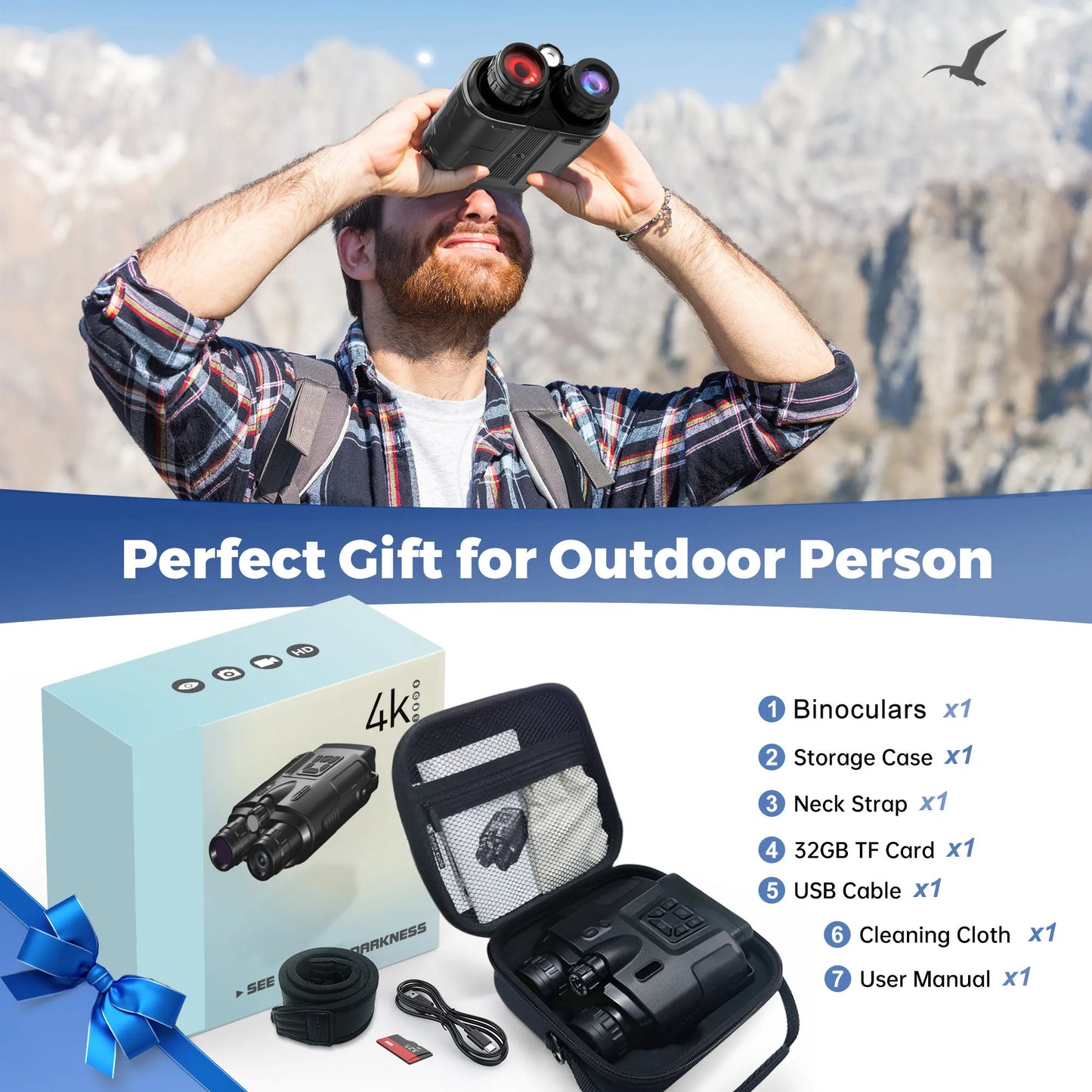 4K Night Vision Binoculars 3inch Screen 8X Digital Zoom With Tactical Light 5000mAh Rechargeable Infrared Vision Night Goggle