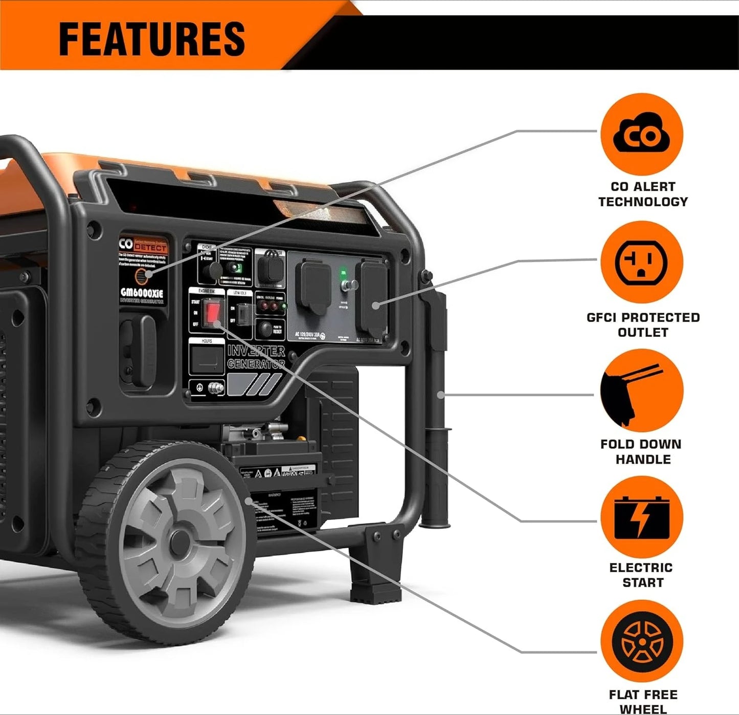 Portable Inverter Generator, 6000W open frame Gas Powered High Speed Engine with Electric Start, Ultra Lightweight for Backup
