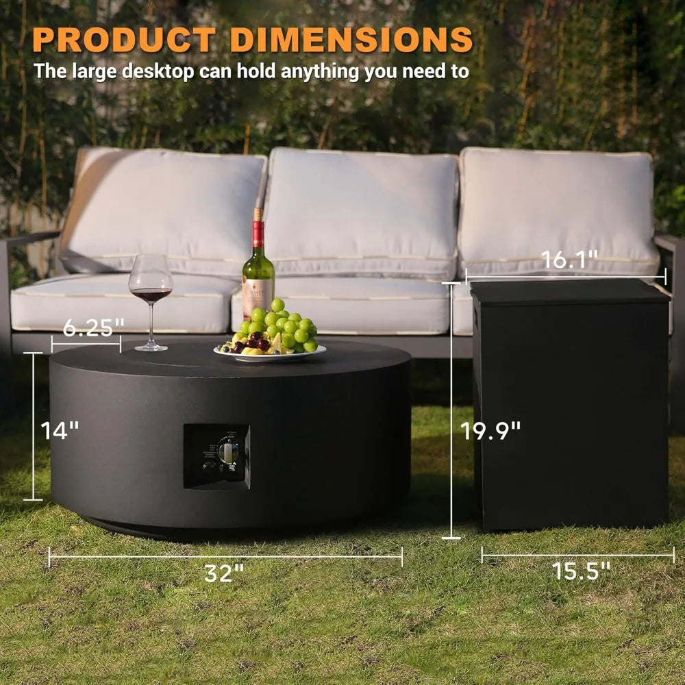 3-Piece Outdoor Fire Pit Table,32 Inch Propane Fire Table 65,000 BTU Black Round Gas Firepit,Baking Sheet, Wind Guard,Customized