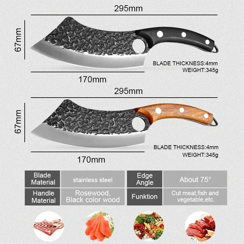 Chef Knife Forged Stainless Steel Butcher Kitchen Meat Boning Cleaver Machete Cut Rosewood Black Colour Wood Handle Finger Ring