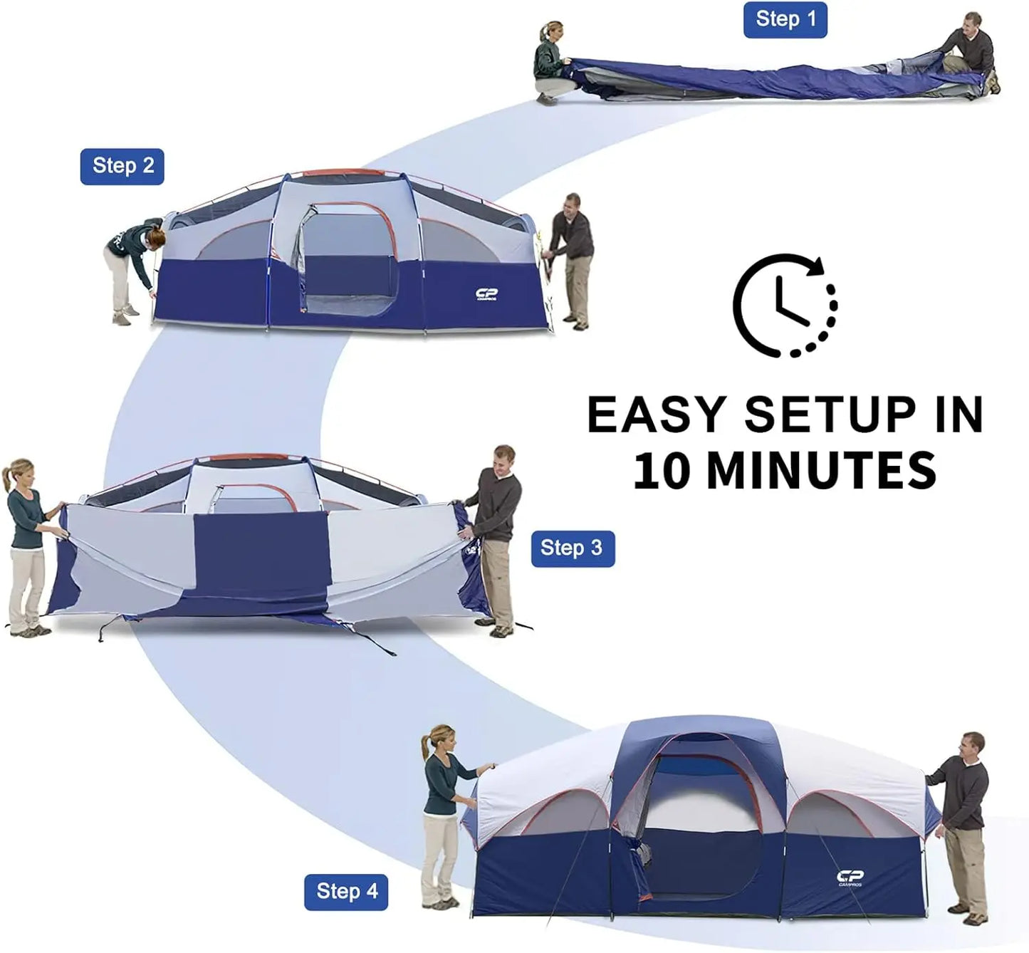 8-Person Family Camping Tent, Waterproof Double Layer with 5 Mesh Windows and Room Divider, Portable Carry Bag Included