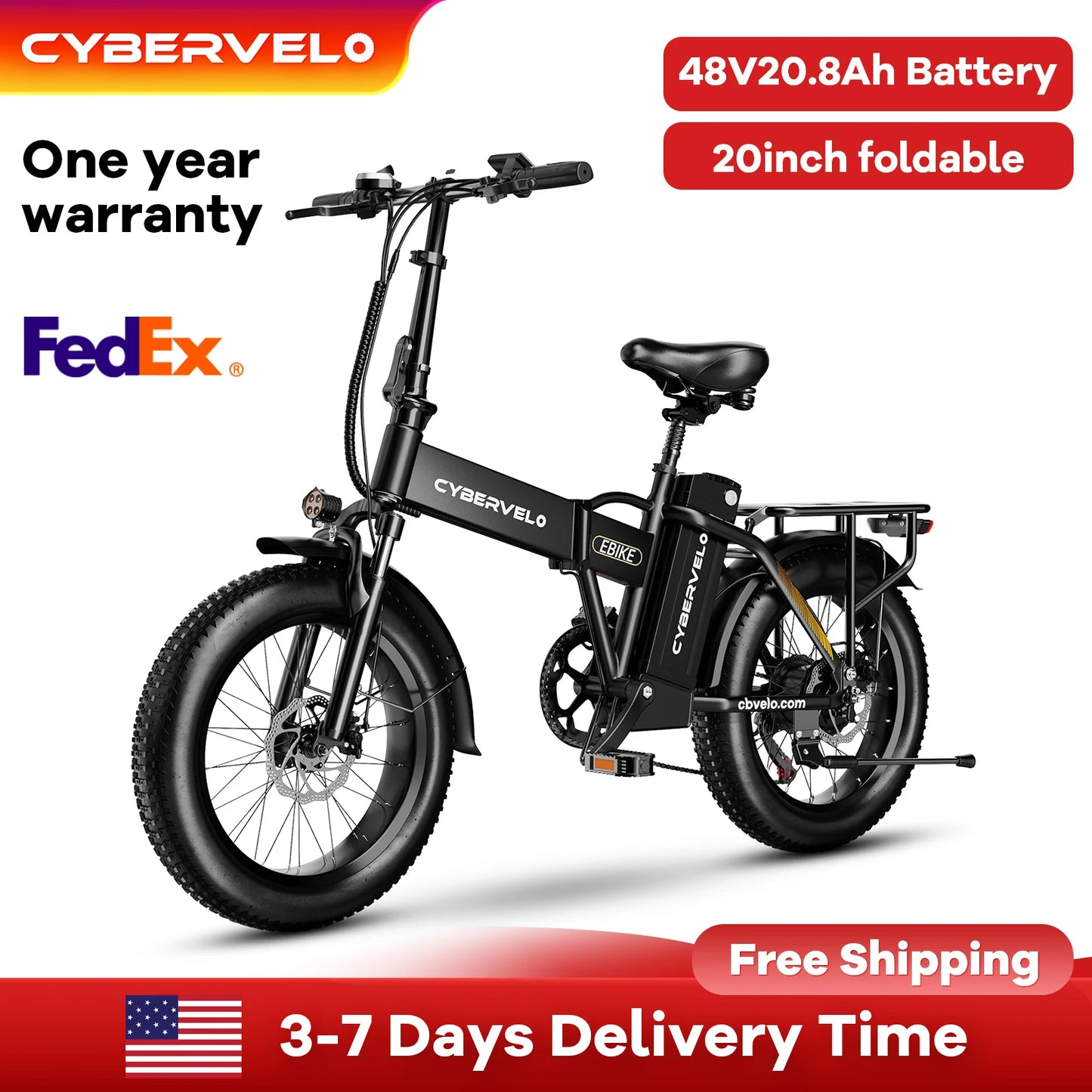 Cybervelo 20" Foldable E-bike, 48V 20AH Removable Battery, 1000W Peak 7-Speed Electric Bike, 30MPH+ 80 Miles City commuter EK4