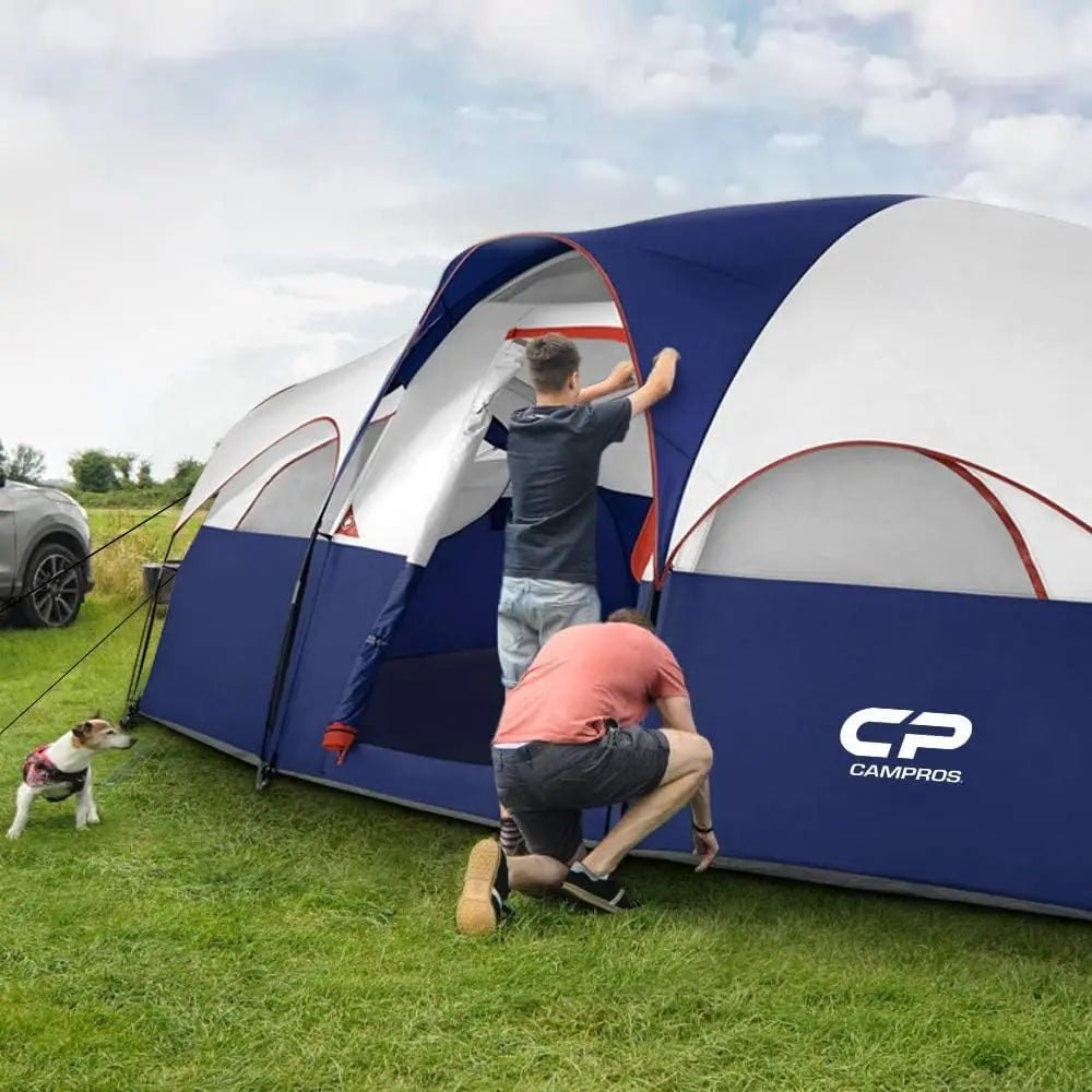 8-Person Family Camping Tent, Waterproof Double Layer with 5 Mesh Windows and Room Divider, Portable Carry Bag Included