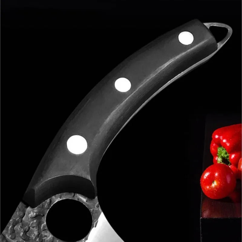 Chef Knife Forged Stainless Steel Butcher Kitchen Meat Boning Cleaver Machete Cut Rosewood Black Colour Wood Handle Finger Ring