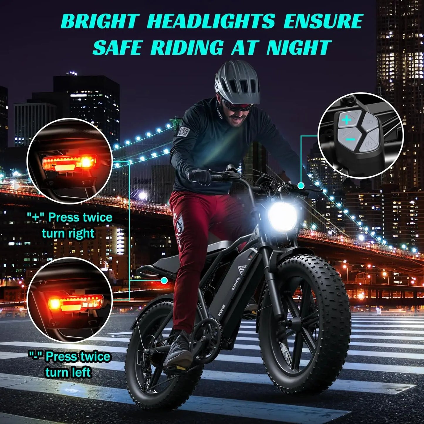 TST R002 1500W e-bike, 20" fat tires, 60-100mile range, 28MPH, 48V 15Ah battery, for all terrains.