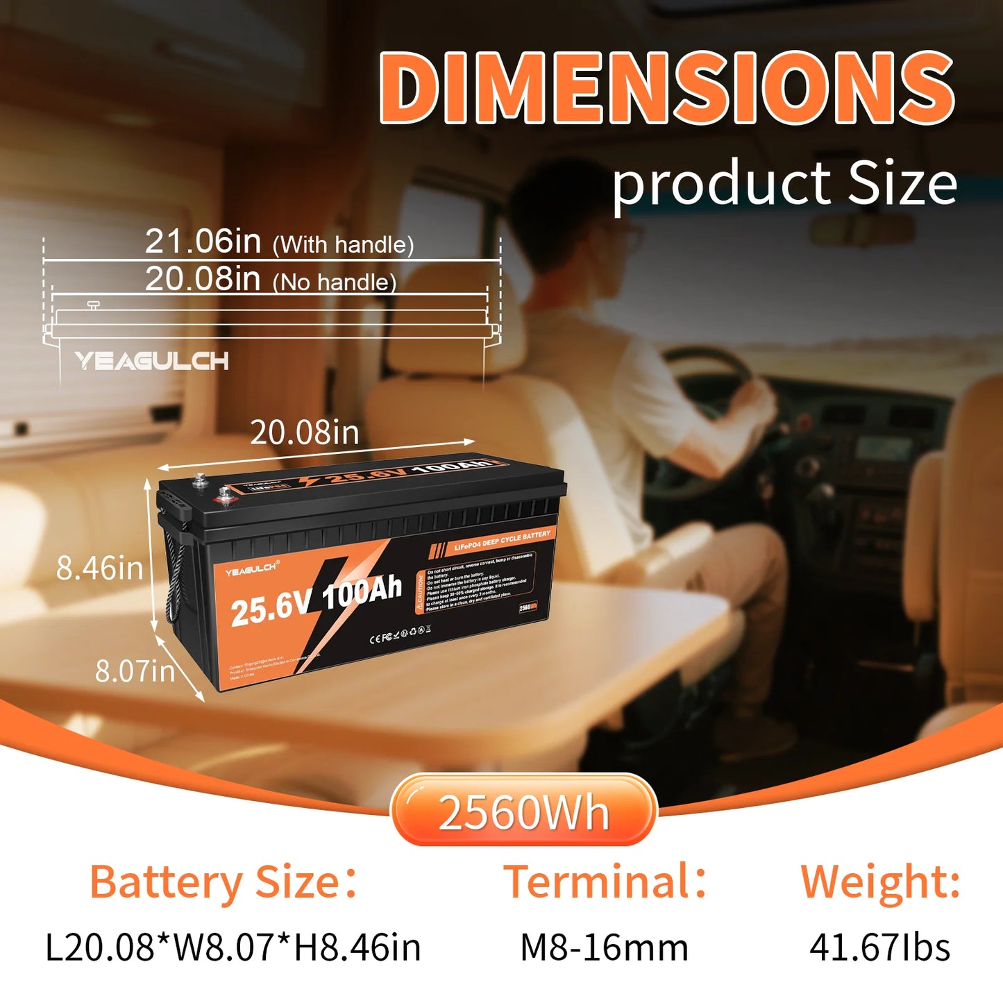 Yeagulch 25.6V 100Ah LiFePO4 Lithium Battery with 100A BMS 2560Wh Power for Solar Off-grid Home Backup Energy Storage RV Fishing