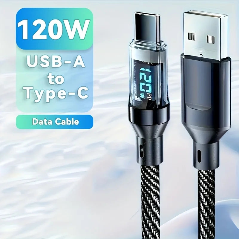 120W Super Fast Charging Cable Real-time Digital Display USB A to Type C data Cable For iPhone Android Phones Universal