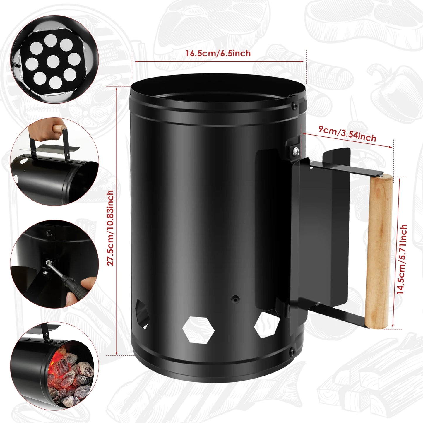 Charcoal Chimney Starter with Wood Handle Rapid BBQ Chimney Starter Fire Briquette Starters Can Canister for Grilling Accessory