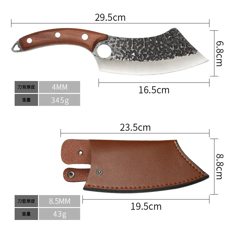 Chef Knife Forged Stainless Steel Butcher Kitchen Meat Boning Cleaver Machete Cut Rosewood Black Colour Wood Handle Finger Ring