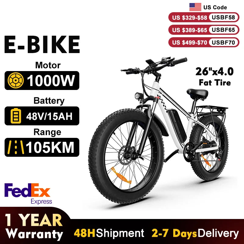 US Stock 1000W City Ebike 48V15H Battery Fat tire ebike 26 Inch Tire Commuter Electric Bike Off road Ebike